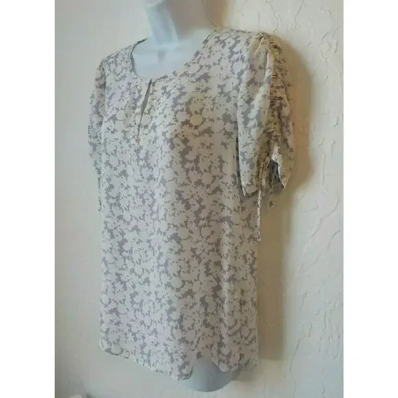 Rose Olive Women Small White Purple Floral Top Chiffon Shirred Short Sleeve - Picture 2 of 7